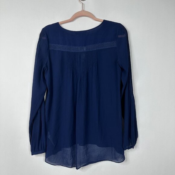 2/$30 White House Black Market Long Sleeve Tie Neck Blouse Endless Blue 4 #A0043 - Picture 4 of 9